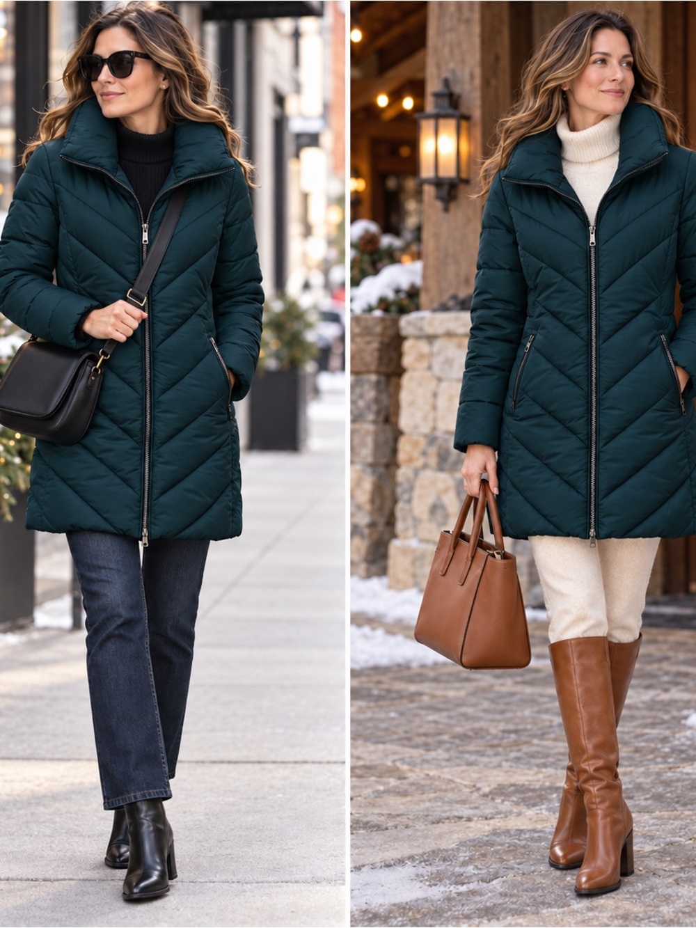 Andrew Marc New York Jade Teal Chevron Quilted Mid Length Puffer Coat